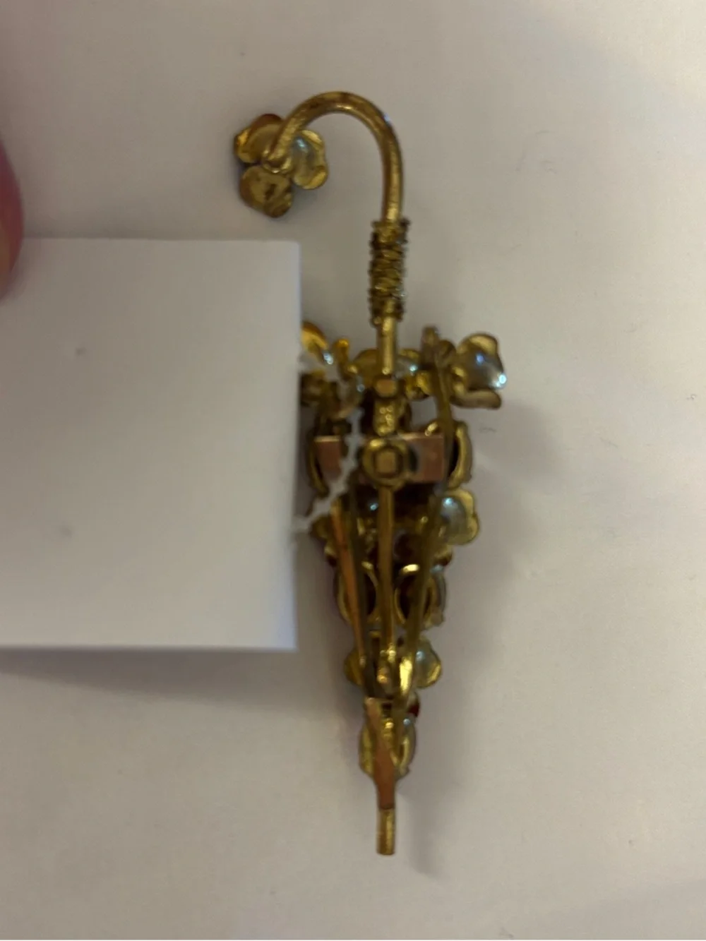 Vintage Enamel Umbrella Brooch Pin Red Rhinestone Floral Metal
